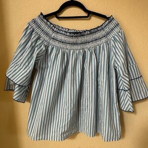 Grand & Greene Smocked Stripped Cotton Flowy Top Blue and White Size Large